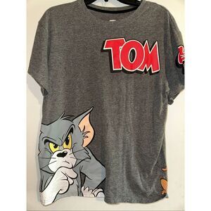 Tom And Jerry Graphic Print Cartoon Logo Grey Double Sided Size L T-shirt